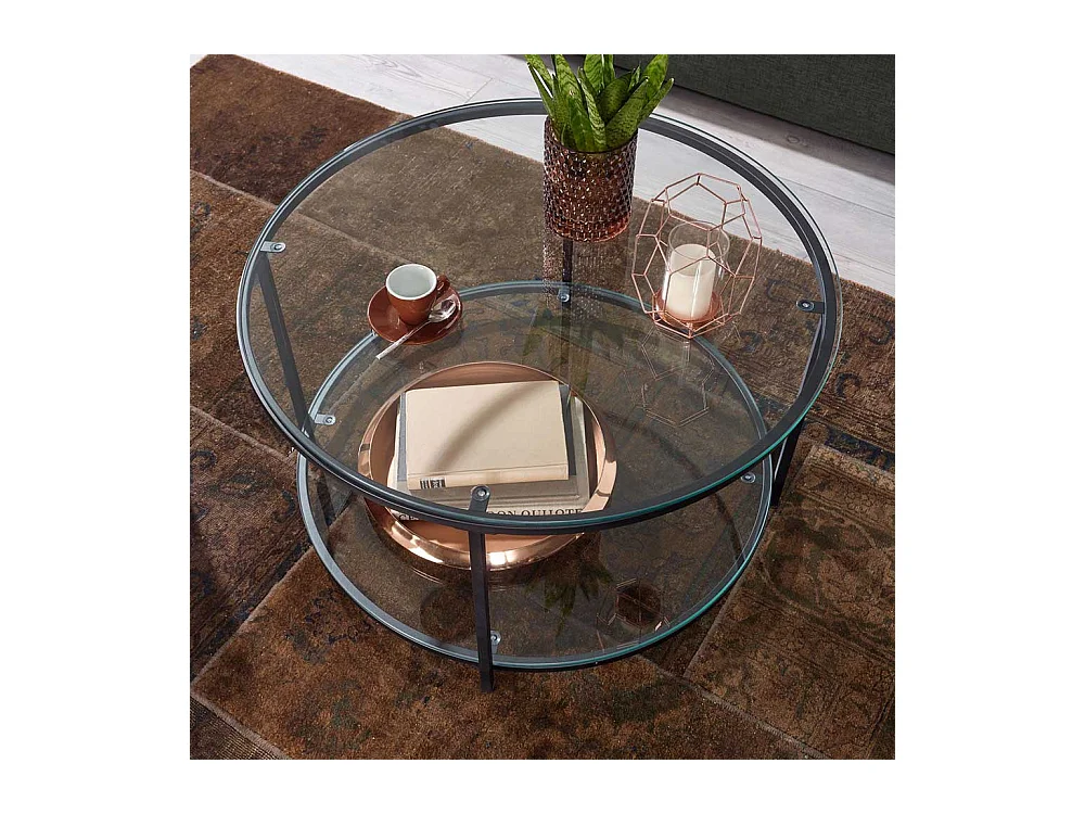 Couchtisch rund mit Glasplatten Vierfußgestell aus Metall