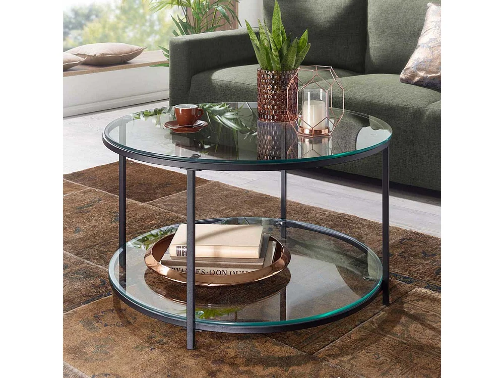 Couchtisch rund mit Glasplatten Vierfußgestell aus Metall