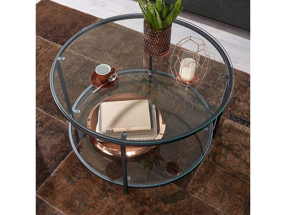 Couchtisch rund mit Glasplatten Vierfußgestell aus Metall