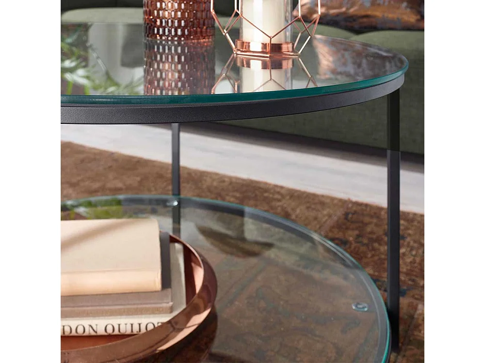 Couchtisch rund mit Glasplatten Vierfußgestell aus Metall