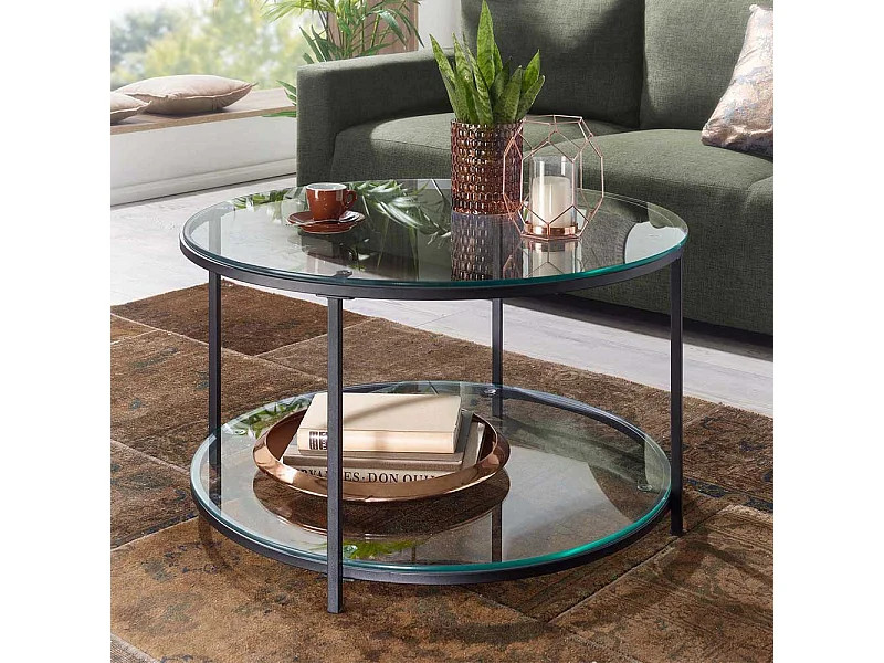 Couchtisch rund mit Glasplatten Vierfußgestell aus Metall