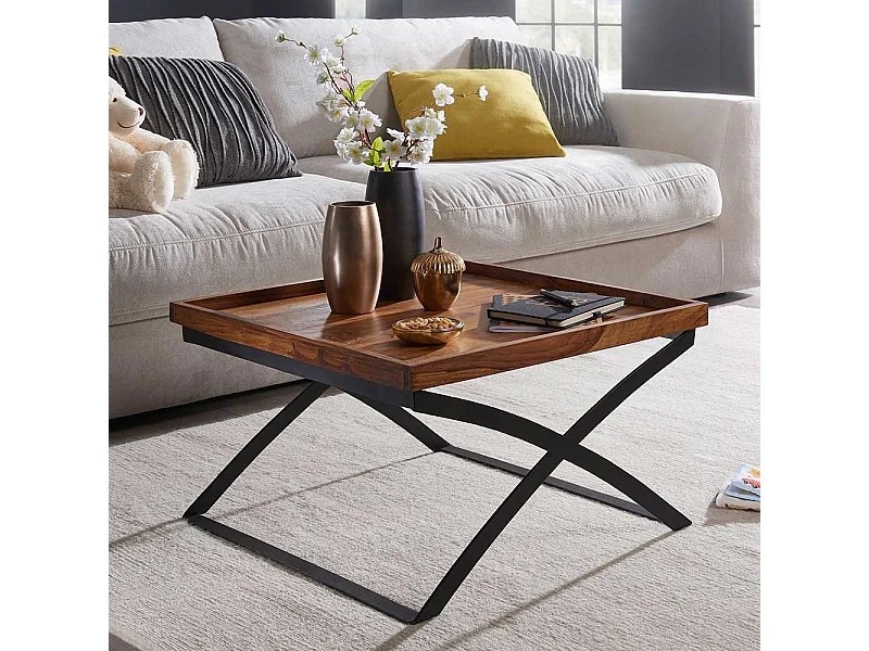 Sofatisch aus Sheesham Massivholz X-Fußgestell aus Eisen