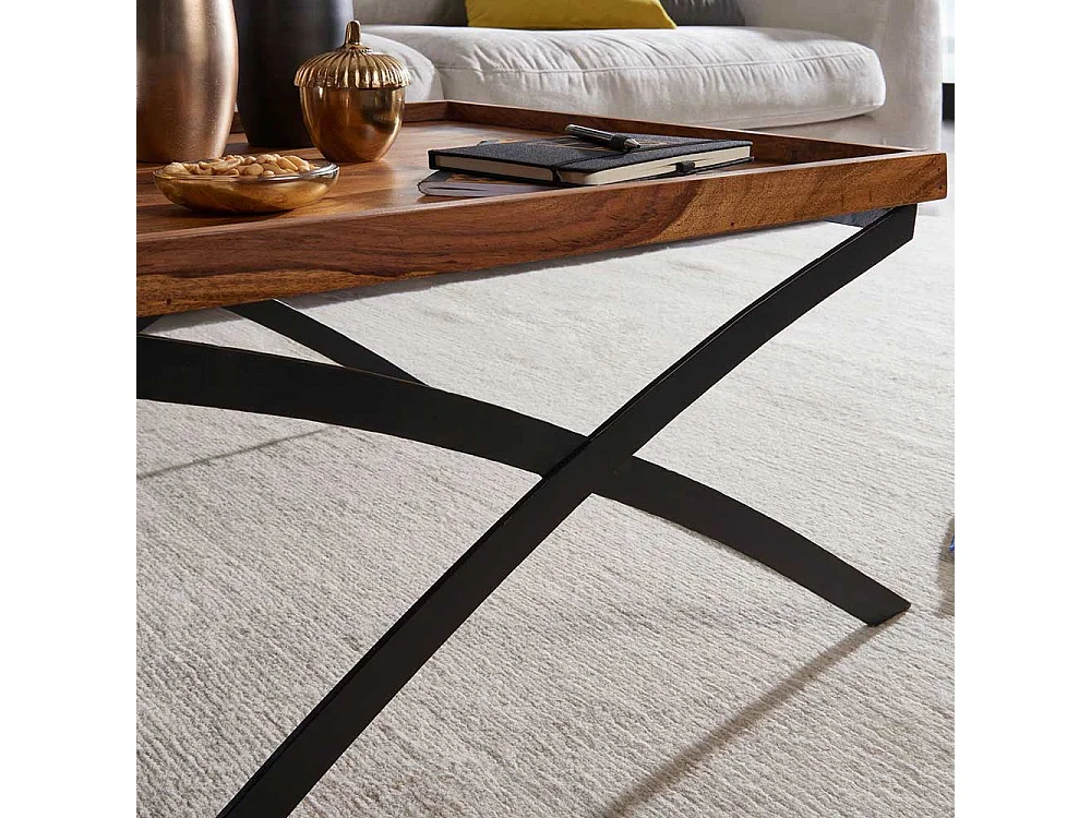 Sofatisch aus Sheesham Massivholz X-Fußgestell aus Eisen