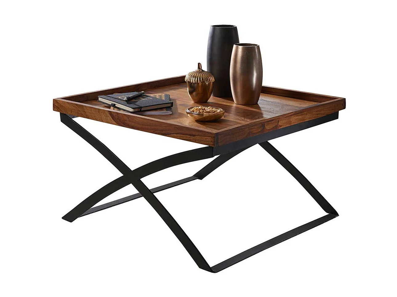 Sofatisch aus Sheesham Massivholz X-Fußgestell aus Eisen