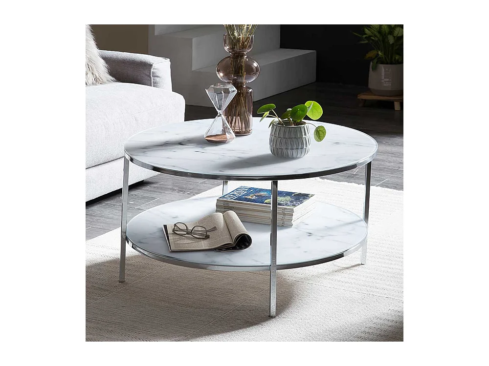 Couchtisch in Weiß Marmoroptik runde Glasplatten