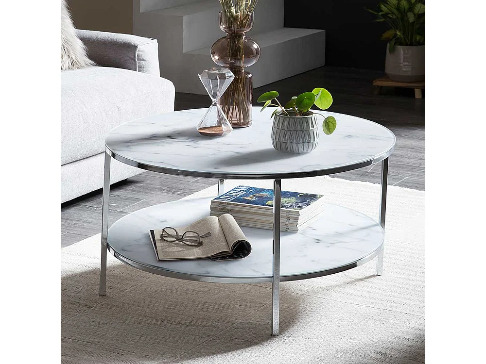 Couchtisch in Weiß Marmoroptik runde Glasplatten