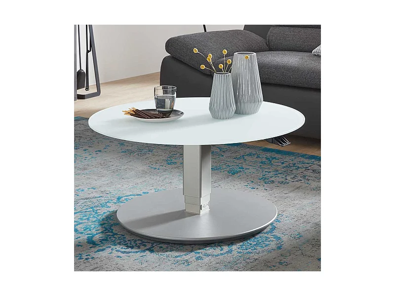 Runder Glas Couchtisch in Weiß und Silberfarben höhenverstellbar