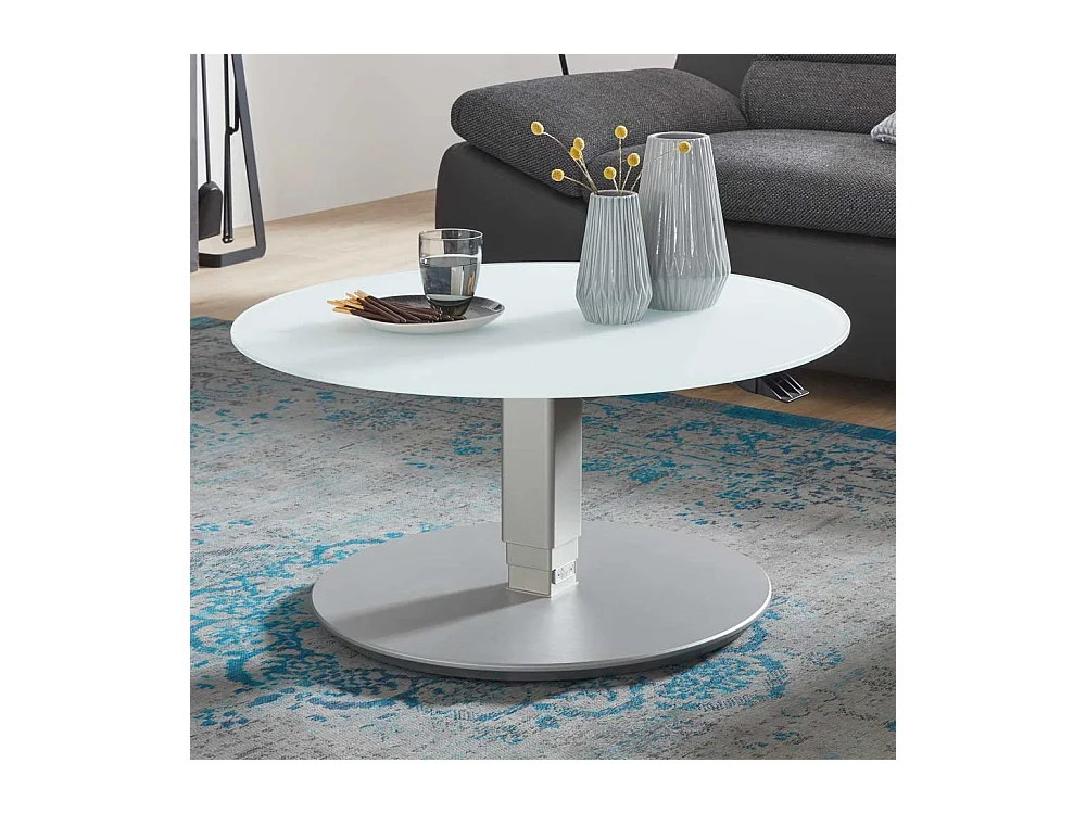 Runder Glas Couchtisch in Weiß und Silberfarben höhenverstellbar