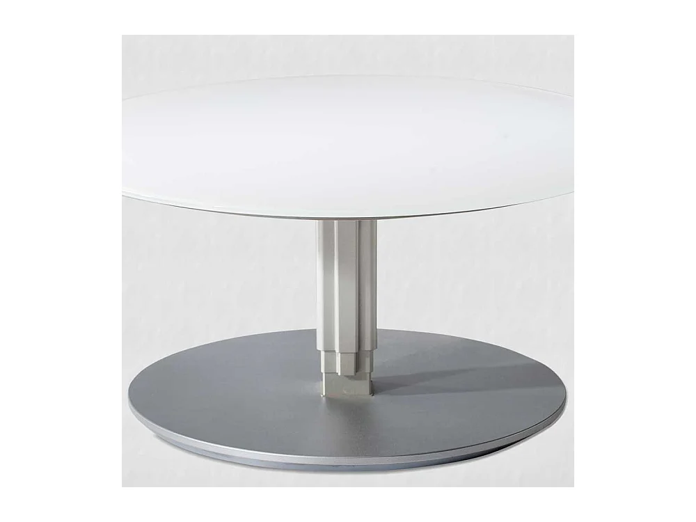 Runder Glas Couchtisch in Weiß und Silberfarben höhenverstellbar