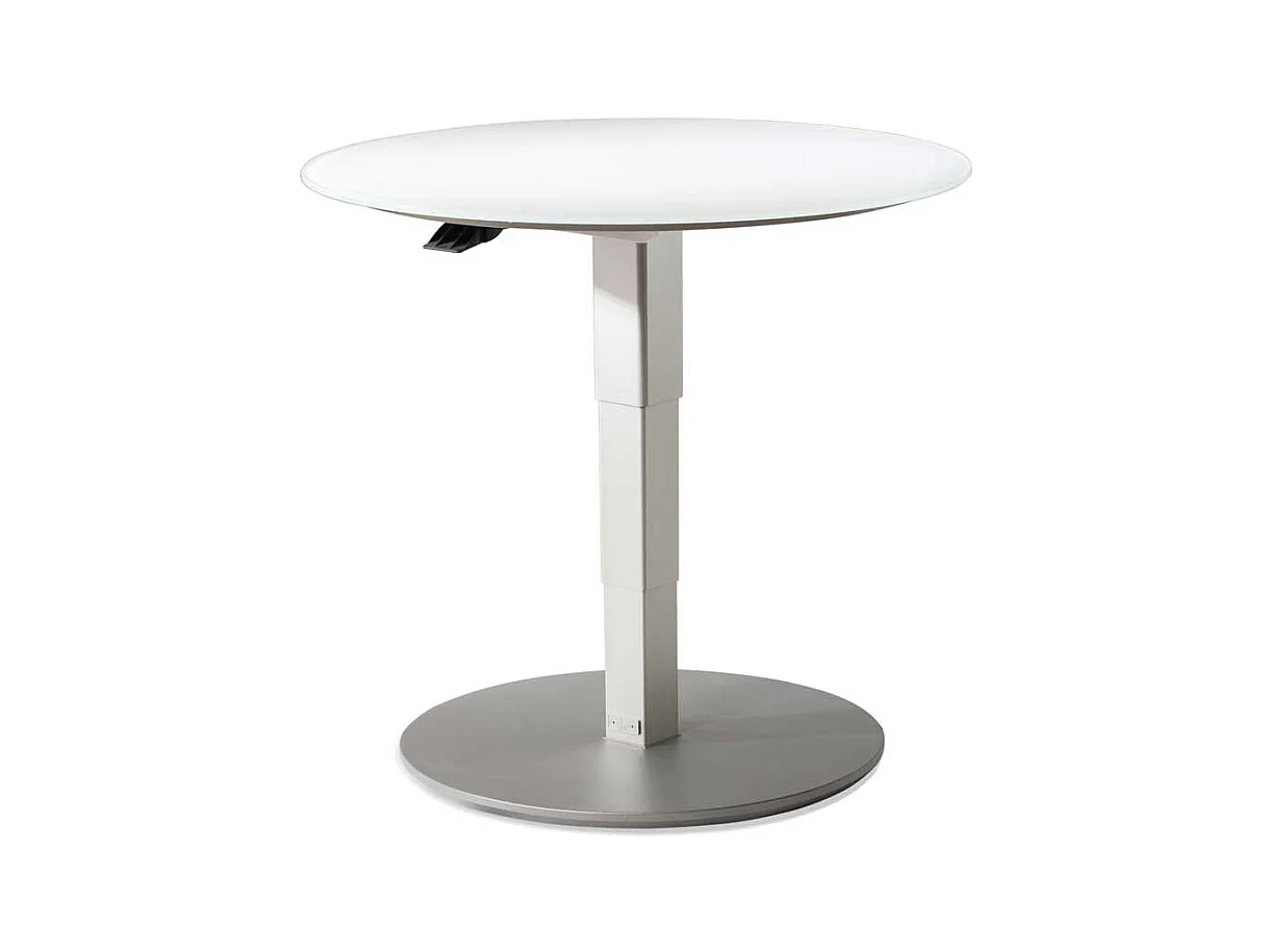 Runder Glas Couchtisch in Weiß und Silberfarben höhenverstellbar