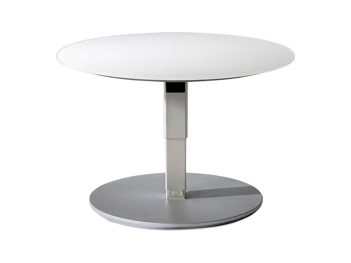 Runder Glas Couchtisch in Weiß und Silberfarben höhenverstellbar