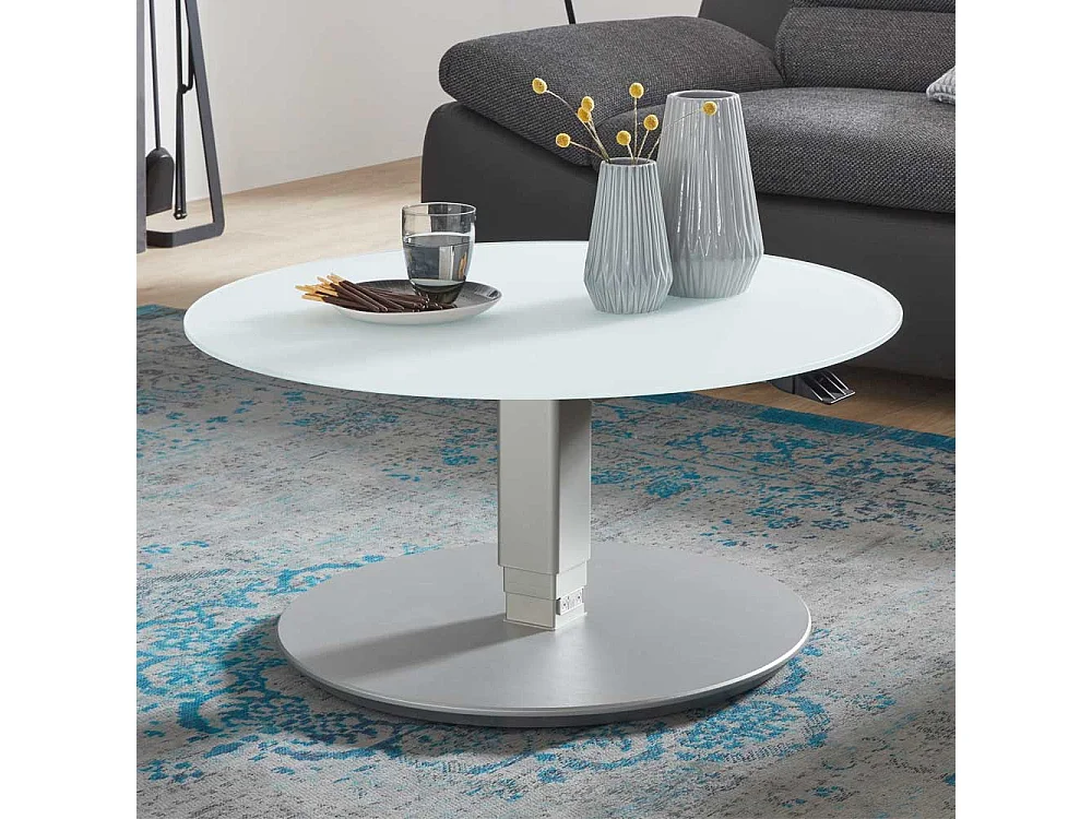 Runder Glas Couchtisch in Weiß und Silberfarben höhenverstellbar