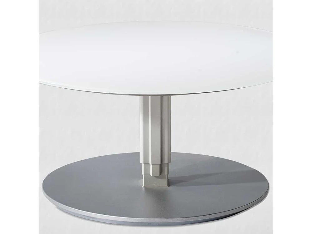 Runder Glas Couchtisch in Weiß und Silberfarben höhenverstellbar
