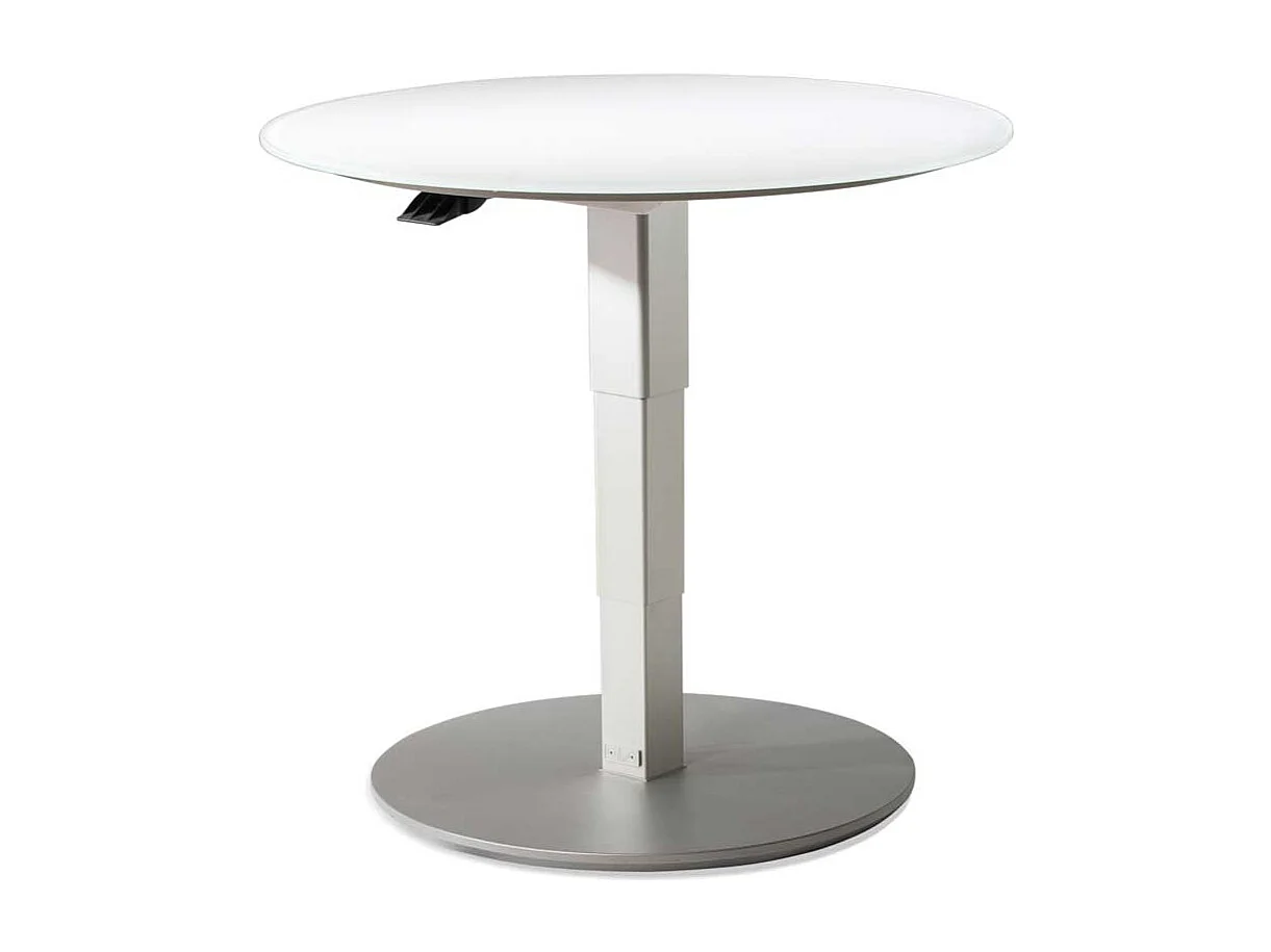 Runder Glas Couchtisch in Weiß und Silberfarben höhenverstellbar
