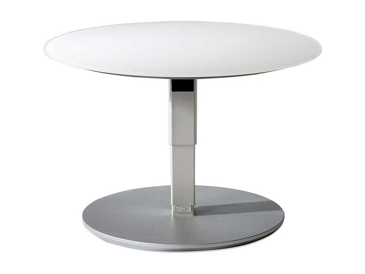 Runder Glas Couchtisch in Weiß und Silberfarben höhenverstellbar