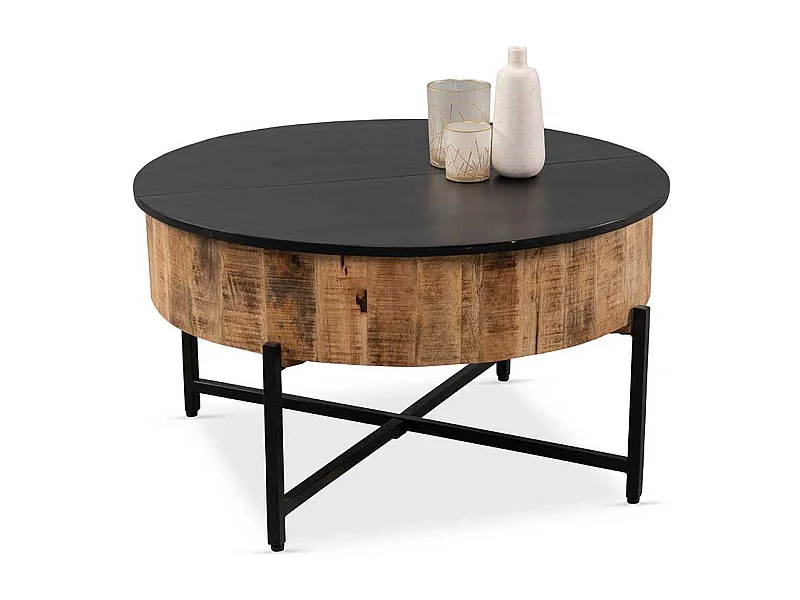 Wohnzimmertisch Massivholztisch in runder Form im Industry und Loft Stil