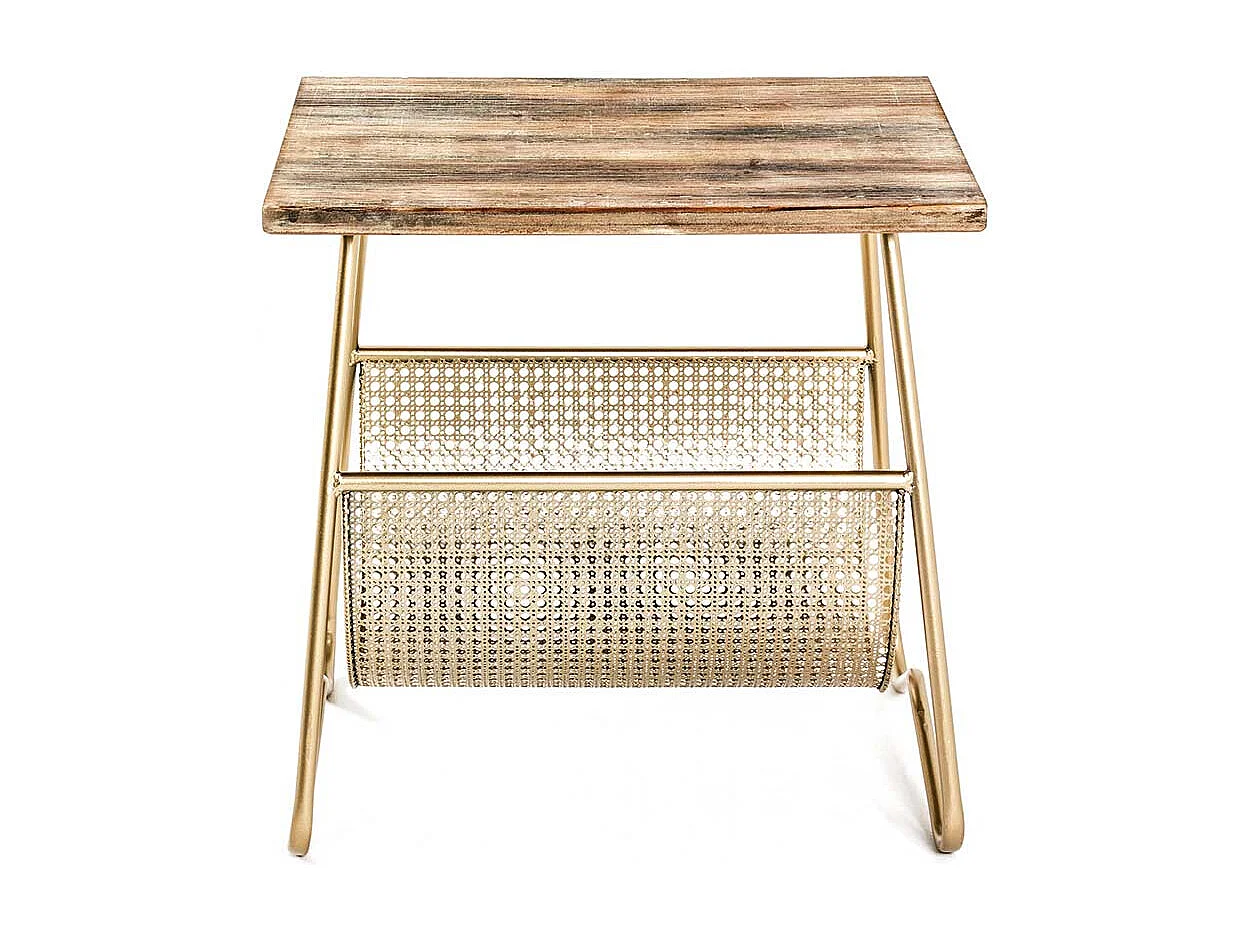 Zeitungstisch in Goldfarben und Holz furniert Bügelgestell