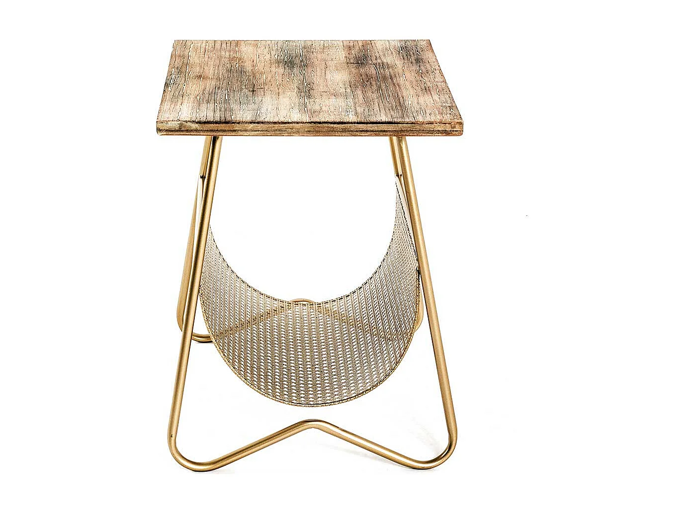 Zeitungstisch in Goldfarben und Holz furniert Bügelgestell