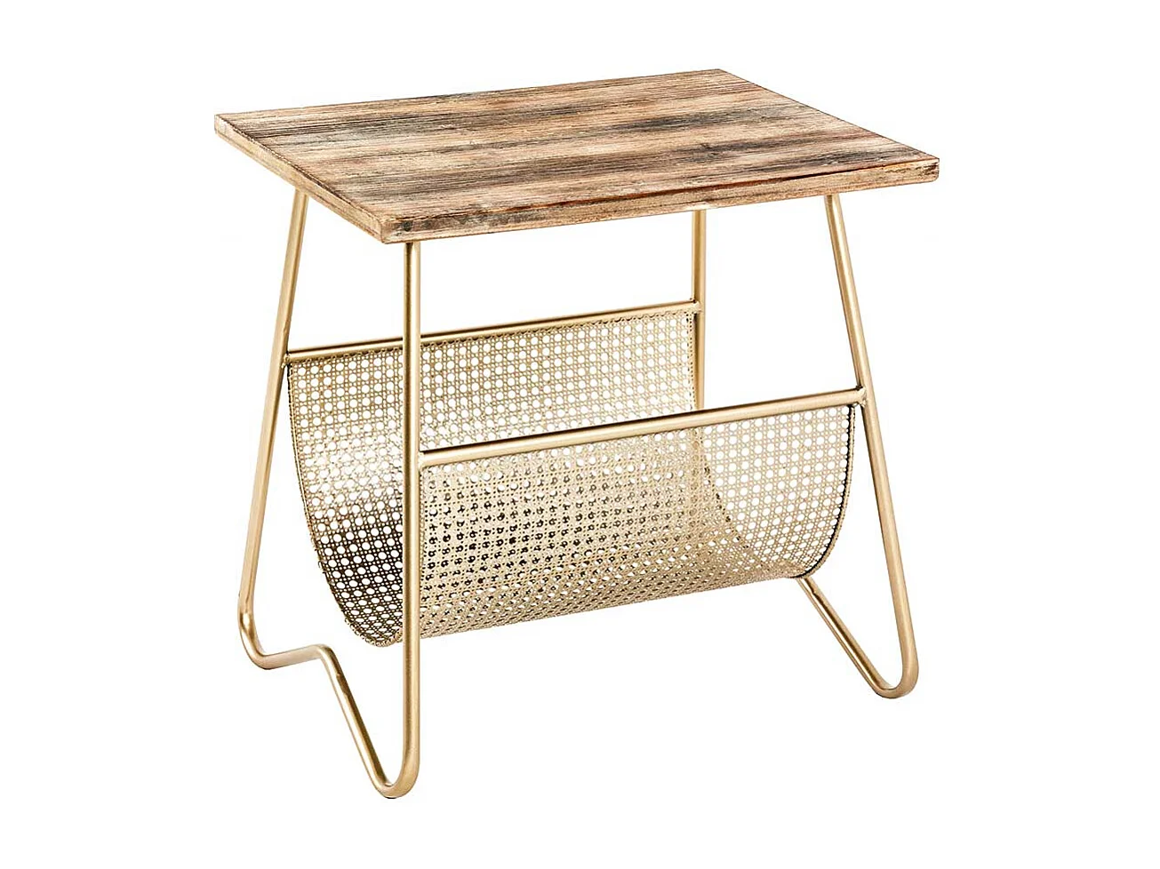 Zeitungstisch in Goldfarben und Holz furniert Bügelgestell