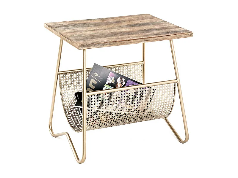 Zeitungstisch in Goldfarben und Holz furniert Bügelgestell