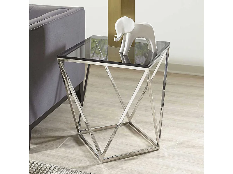 Glastisch aus Rauchglas und Edelstahl 56 cm hoch