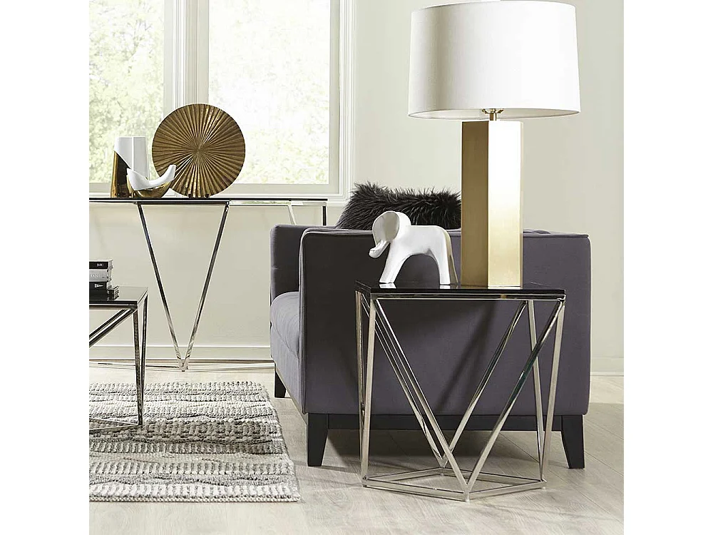 Glastisch aus Rauchglas und Edelstahl 56 cm hoch