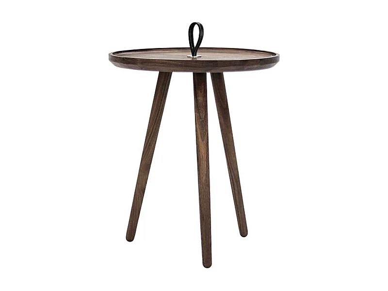 Runder Sofatisch aus Nussbaum Massivholz Echtledergriff