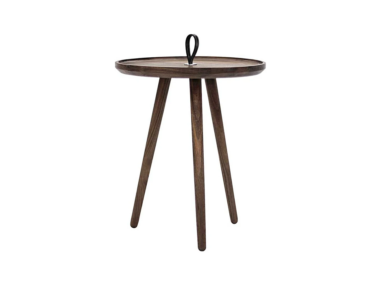 Runder Sofatisch aus Nussbaum Massivholz Echtledergriff