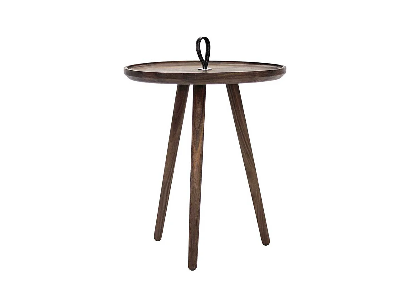 Runder Sofatisch aus Nussbaum Massivholz Echtledergriff