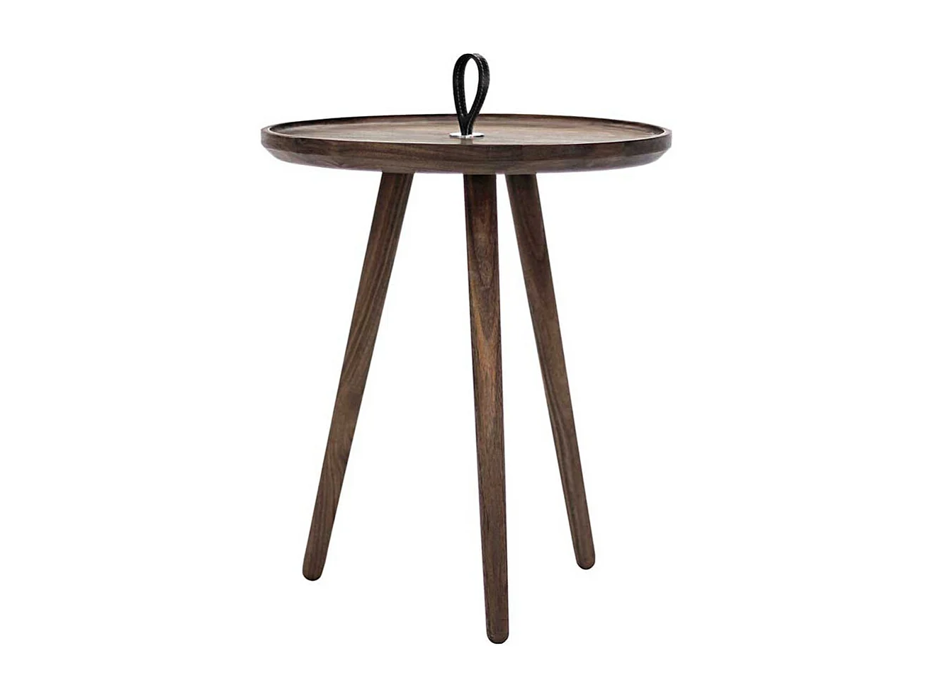 Runder Sofatisch aus Nussbaum Massivholz Echtledergriff