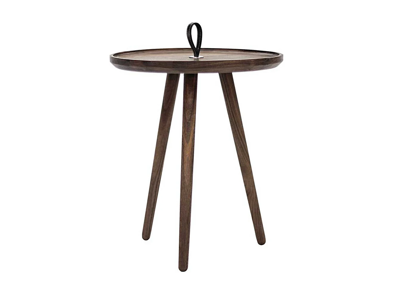 Runder Sofatisch aus Nussbaum Massivholz Echtledergriff