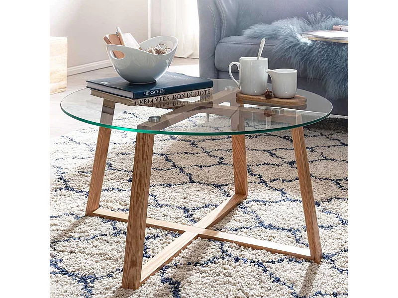 Runder Sofa Tisch mit Glasplatte Massivholz Bügelgestell