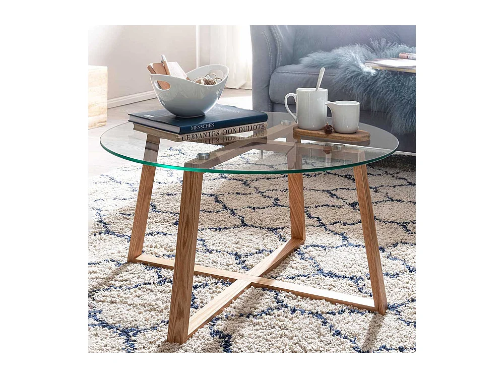 Runder Sofa Tisch mit Glasplatte Massivholz Bügelgestell