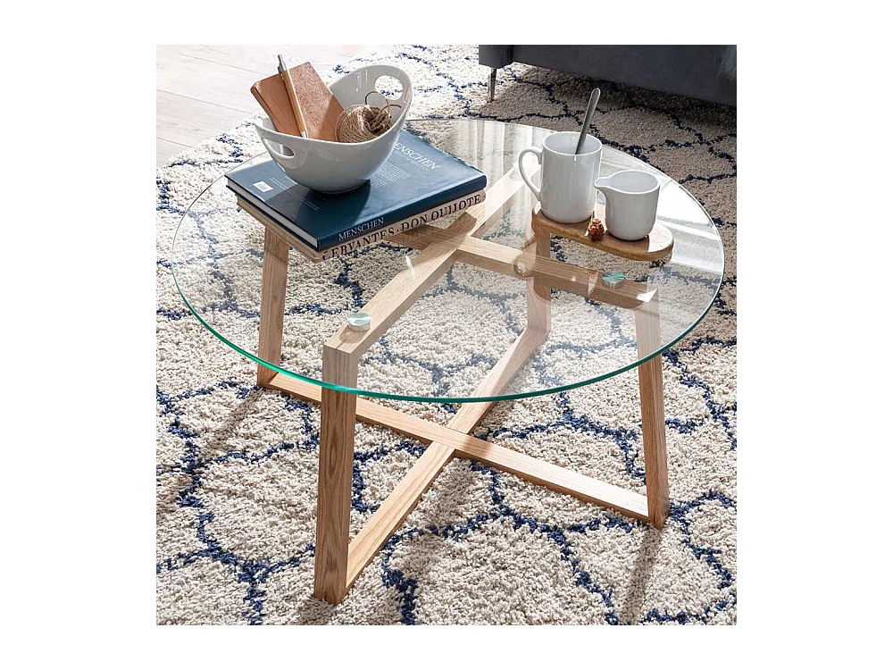 Runder Sofa Tisch mit Glasplatte Massivholz Bügelgestell