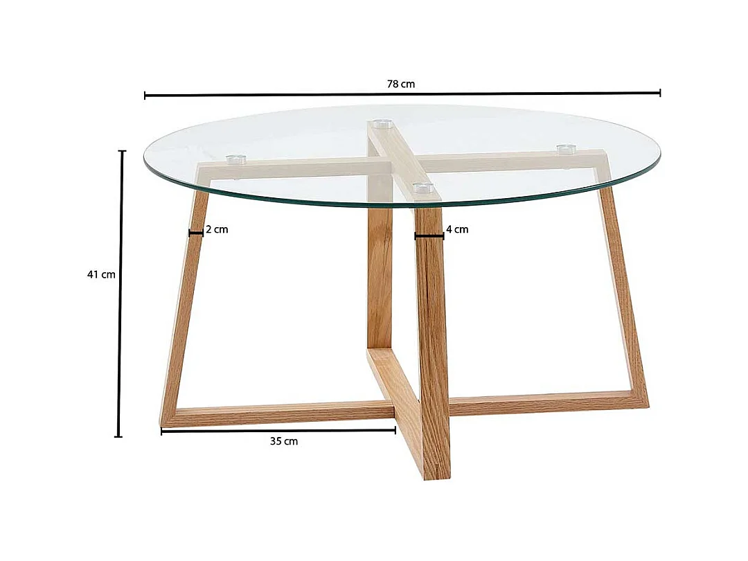 Runder Sofa Tisch mit Glasplatte Massivholz Bügelgestell