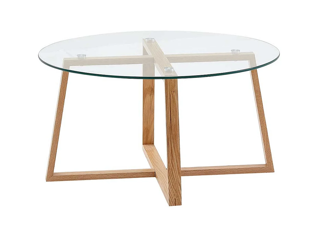 Runder Sofa Tisch mit Glasplatte Massivholz Bügelgestell