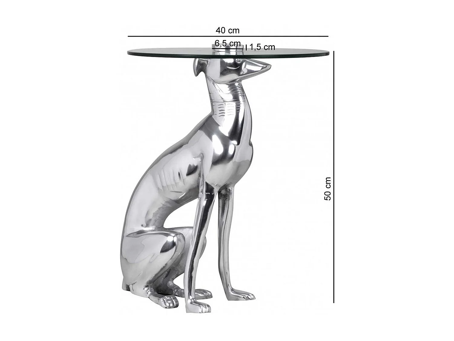 Designtisch Hund aus Aluminium und Glas 50 cm hoch - 40 cm breit