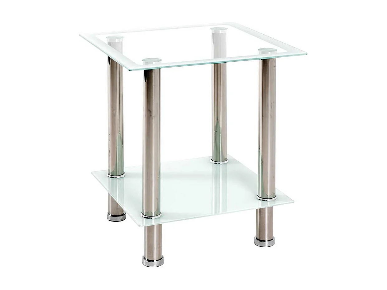 Glastisch mit Edelstahl Vierfußgestell quadratisch