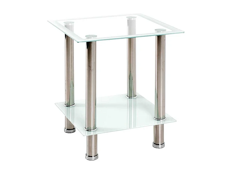 Glastisch mit Edelstahl Vierfußgestell quadratisch