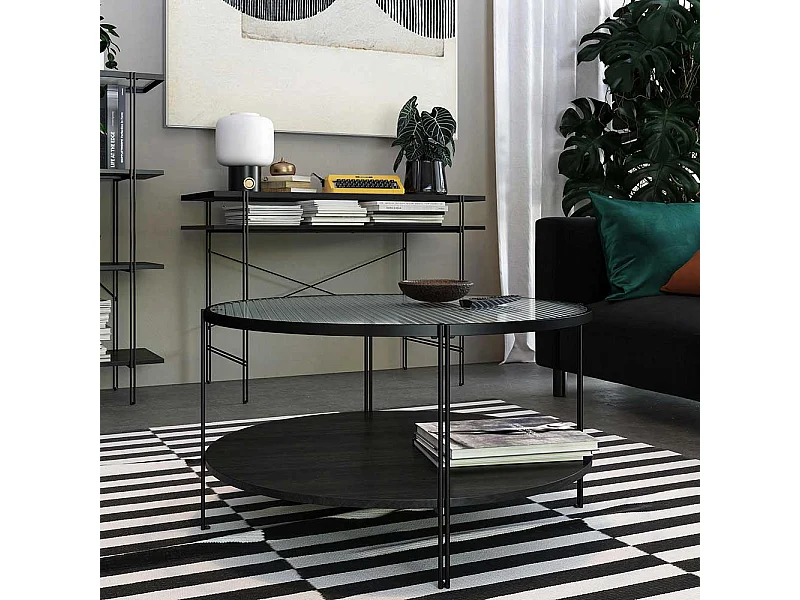 Wohnzimmer Tisch schwarz rund aus Metall Strukturglasplatte