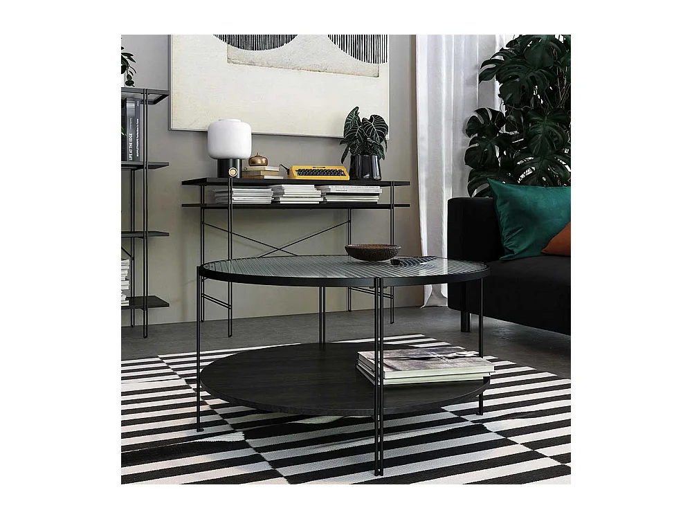 Wohnzimmer Tisch schwarz rund aus Metall Strukturglasplatte