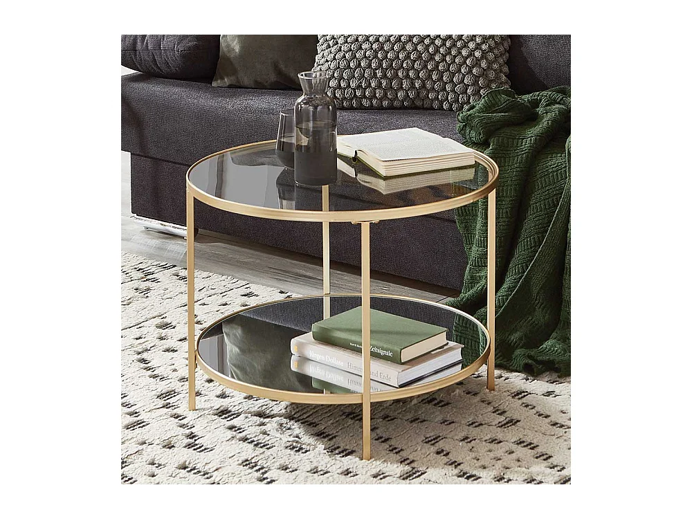 Wohnzimmer Tisch in Goldfarben runder Glas Tischplatte