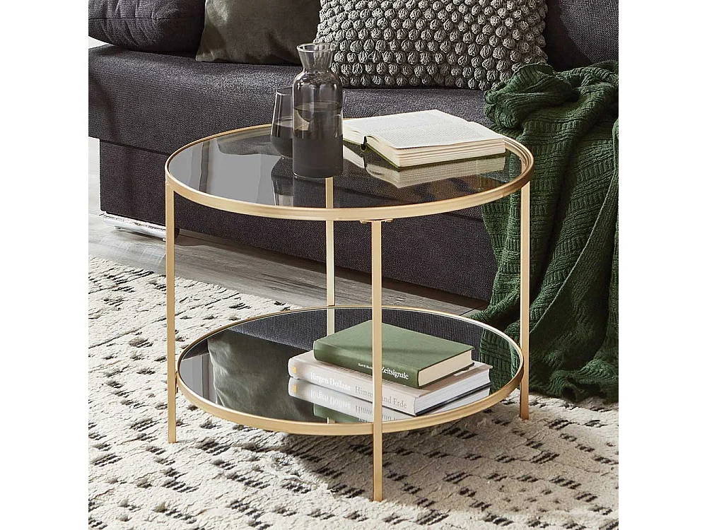 Wohnzimmer Tisch in Goldfarben runder Glas Tischplatte