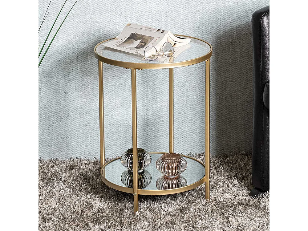 Wohnzimmer Tisch in Goldfarben runder Glas Tischplatte