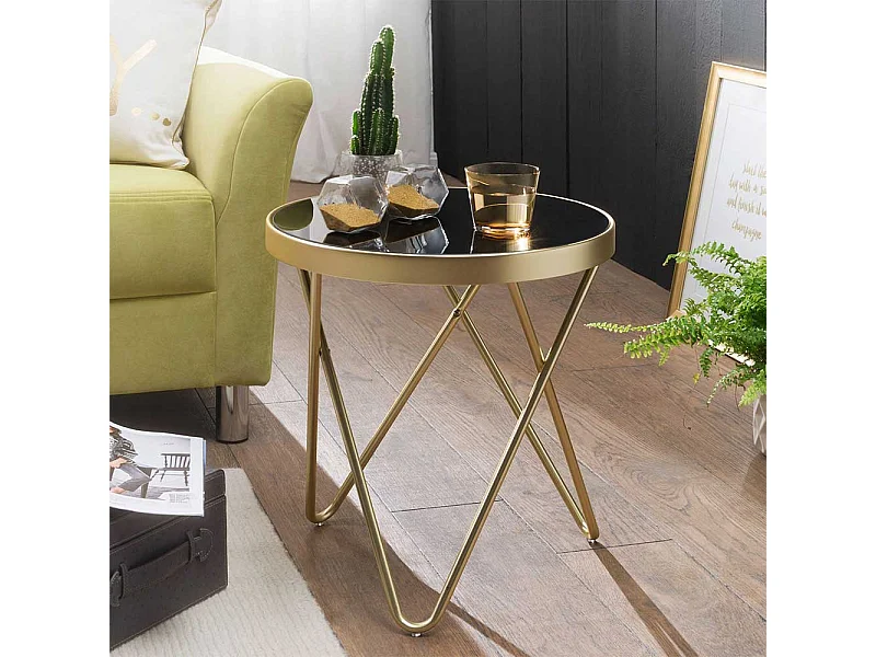 Sofa Glastisch in Schwarz und Goldfarben rund