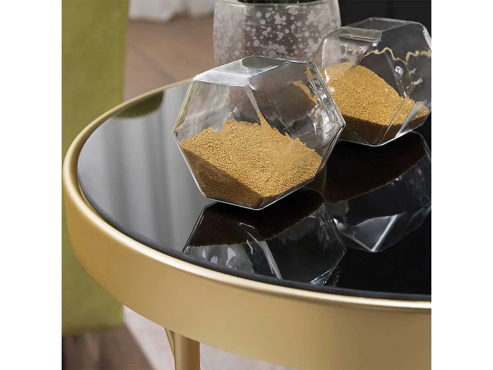 Sofa Glastisch in Schwarz und Goldfarben rund