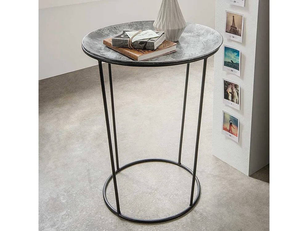 Runder Telefontisch aus Metall Schwarz und Zink