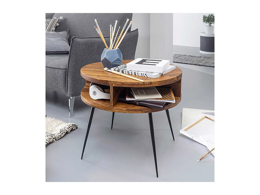 Rundtisch aus Sheesham Massivholz und Edelstahl 60 cm breit