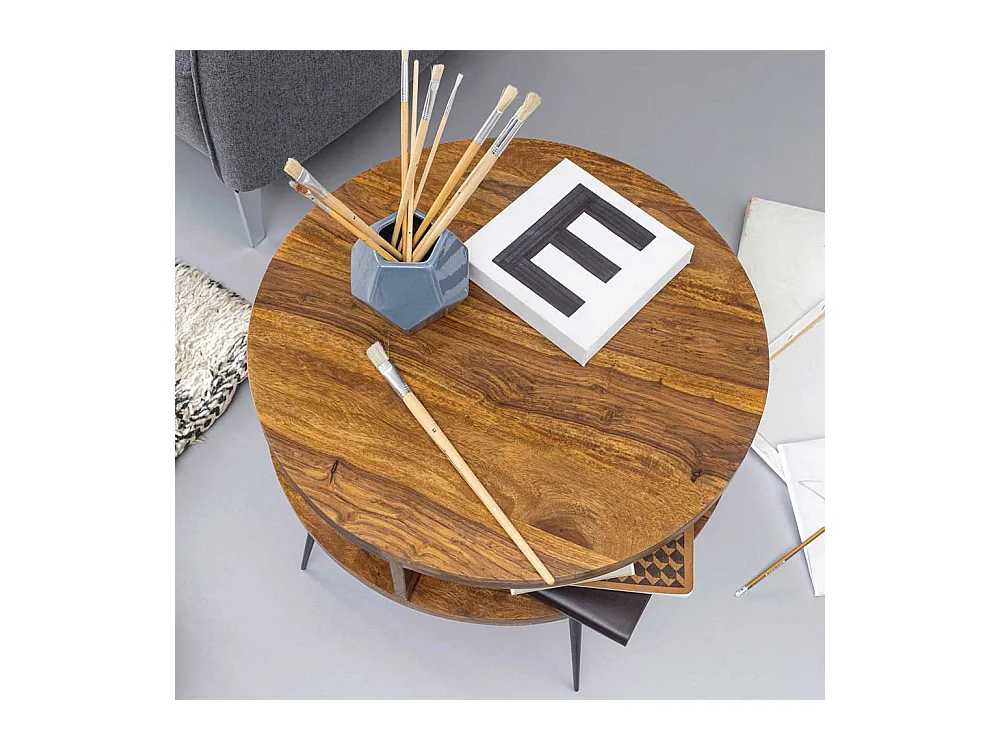 Rundtisch aus Sheesham Massivholz und Edelstahl 60 cm breit