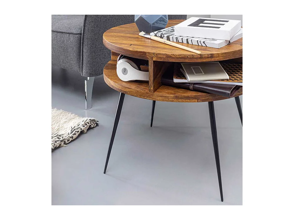 Rundtisch aus Sheesham Massivholz und Edelstahl 60 cm breit